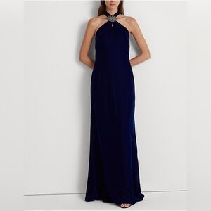 Lauren Ralph Lauren Women's Velvet Halter Gown Lighthouse Navy NWT Size 10